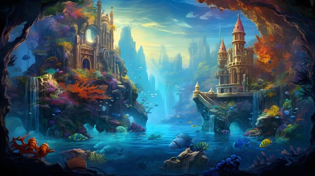 Illustration of a fantasy landscape with a ship in the sea.
