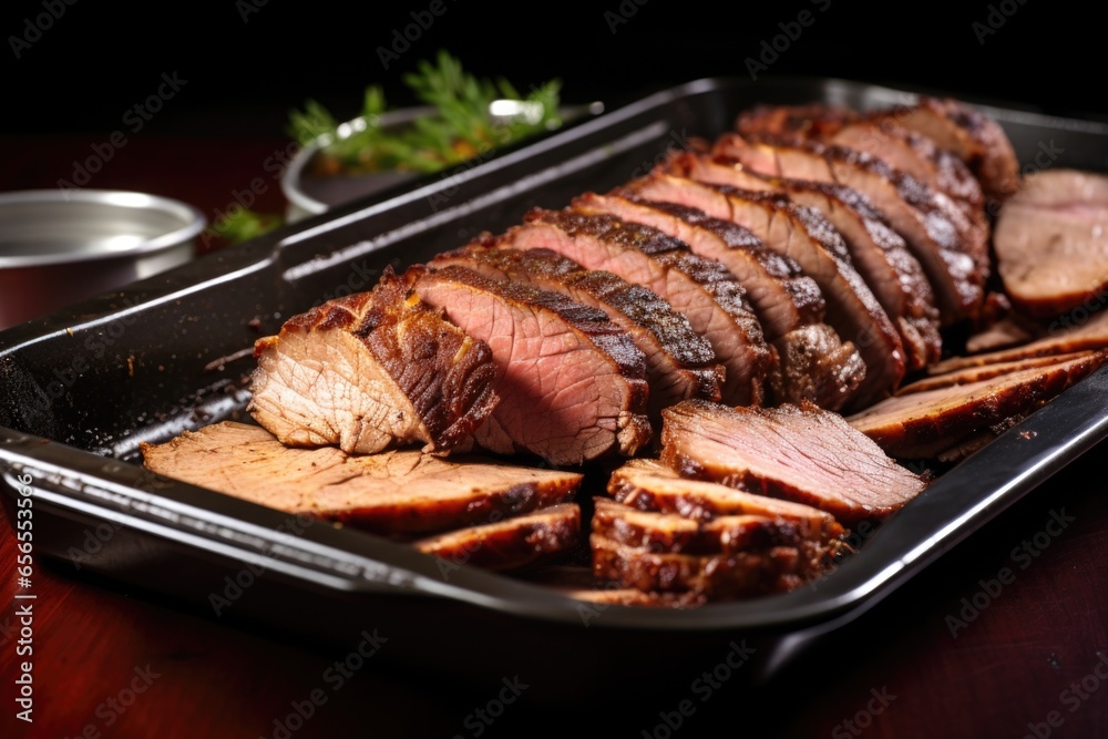 Poster thick-cut beef brisket slices an oven tray