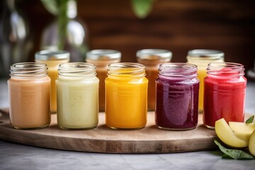 a shot of several glass jars filled with fruit smoothies