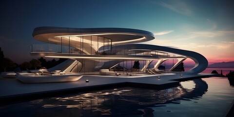 Luxury yacht in the sea at sunset. 3d rendering