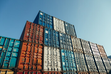 Shipping Containers terminal from Cargo freight ship for import export, logistic and international delivery concept
