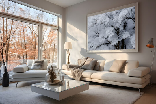 Living room in white with large windows and picture 