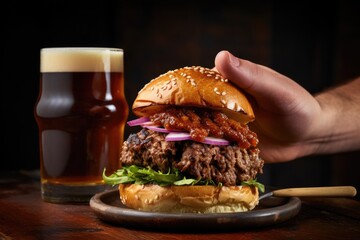 hand holding juicy bbq burger with a pint of beer - obrazy, fototapety, plakaty