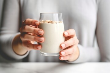 hand holding glass of chilled oat milk