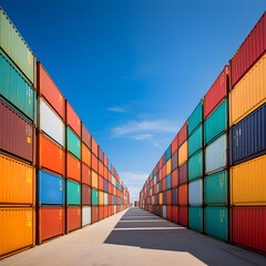 Fototapeta premium passage of colorful new shipping container stacked in line red and blue