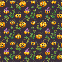 Watercolor pumpkins seamless pattern, watercolor illustration, background.