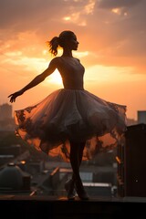 Professional ballet dancer mid-leap on a city rooftop at dusk, capturing the movement, grace, and urban environment in a dynamic composition. Generative AI.