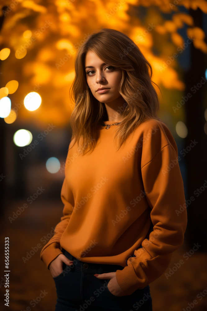 Wall mural Woman in orange sweater is posing for picture.