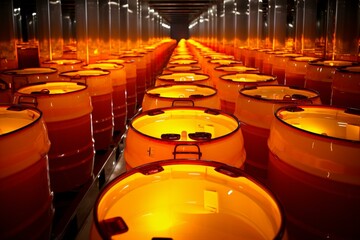 Brightly lit enormous fuel containers in a factory producing petrochemicals. Generative AI