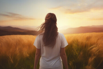Fototapeta na wymiar Woman standing in field of tall grass at sunset.