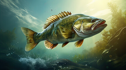 Fishing trophy - big freshwater perch in water on green background. - obrazy, fototapety, plakaty