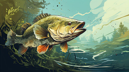 Fishing trophy - big freshwater perch in water on green background.