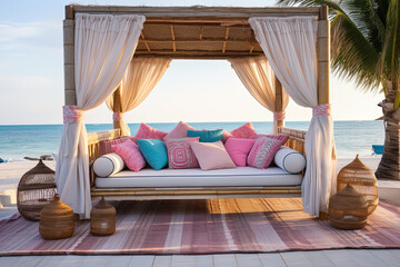 terraza con asientos y sombrilla de paja junto a playa estilo mediterráneo con cielo y mar azul de fondo - obrazy, fototapety, plakaty