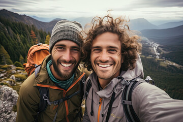 pareja de dos hombres jovenes haciéndose un selfie en lo alto de una montaña con fondo de naturaleza con montañas, arboles y rio