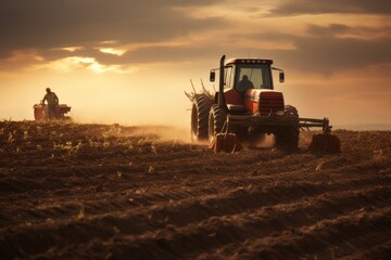 Agricultural workers with tractors. Ploughing a field