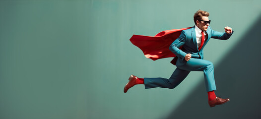 Business person look like superhero flying on sky.strong and confidence concepts.vision of leadership ideas - obrazy, fototapety, plakaty