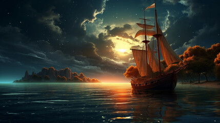 sea, sunset, ship, boat, sky, water, ocean, sun, travel, clouds, yacht, sunrise, sailboat, landscape, 