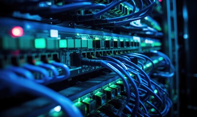 Server room with switch, internet cables and wires. Fiber optic equipment in data center. Network background.