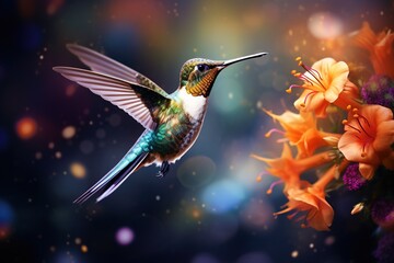 Fototapeta premium A hummingbird sipping nectar from an exotic bloom, wings a blur of color