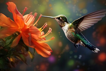 A hummingbird sipping nectar from an exotic bloom, wings a blur of color