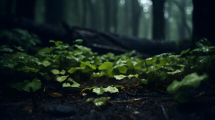 cinematic shot, closeup shot, ivy on forest floor, overcast lighting