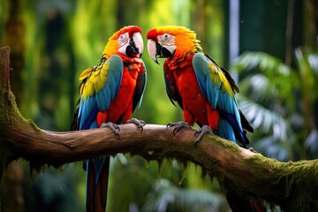 Obraz premium A pair of vivid macaws interacting in a tropical forest canopy