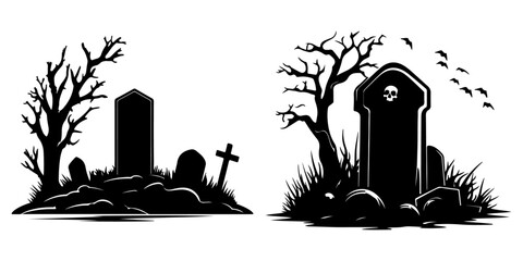 Gravestone, Headstone, and Tombstone Icons for Halloween: Silhouettes of Tomb Stones in Vector. Christian Cemetery Monuments, Funeral Grave Burial, and Cemetery or Graveyard Tombstones