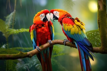 A pair of vivid macaws interacting in a tropical forest canopy