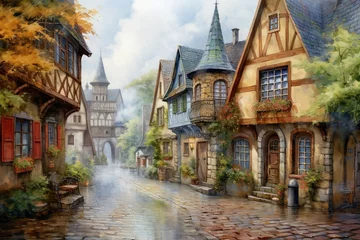 Badkamer foto achterwand A quaint watercolor cobblestone street in an old European town © Szabolcs