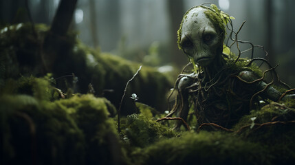 cinematic shot, closeup shot, alien ivy on forest floor, overcast lighting
