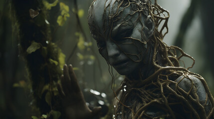 cinematic shot, closeup shot, alien ivy on forest floor, overcast lighting