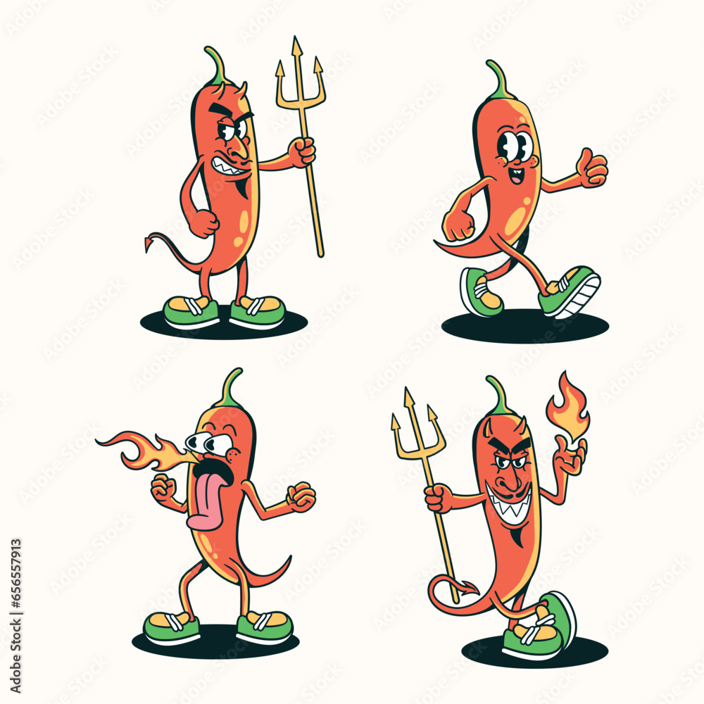 Wall mural set of red chili mascot cartoon characters in vintage style