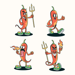 set of red chili mascot cartoon characters in vintage style