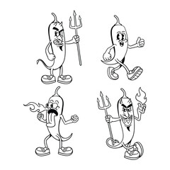 coloring book of red chili mascot cartoon characters in vintage style