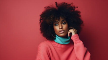 Beautiful black woman in blue wool sweater - obrazy, fototapety, plakaty