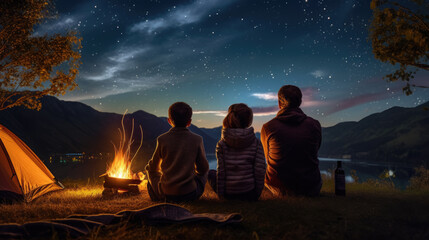 Family with kids looks up at the night sky and stars next to their tent in nature