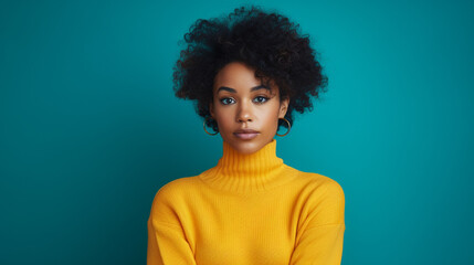 Beautiful black woman in blue wool sweater - obrazy, fototapety, plakaty