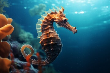 Seahorse on the ocean or sea. Realistic, close-up