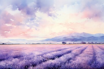 A serene watercolor panorama of a vast lavender field under a pastel sky