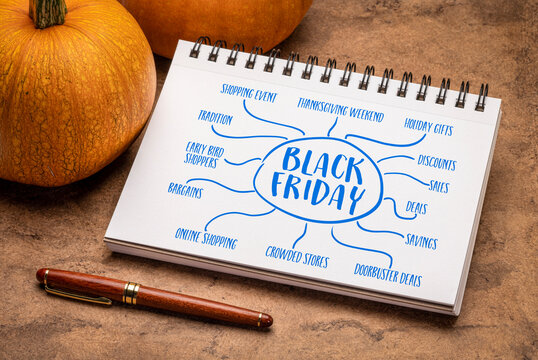 Black Friday, traditional shopping event during Thanksgiving weekend - infographics or mind map sketch in a spiral notebook with pumpkins