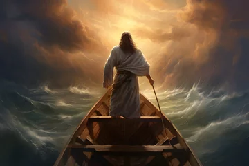 Deurstickers Jesus Christ on the boat calms the storm at sea. © May Thawtar