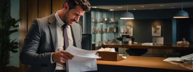 Frustrated male employee reads a dismissl document in the presence of his boss