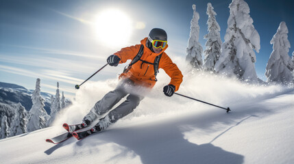 Skier descends a mountain in winter - obrazy, fototapety, plakaty