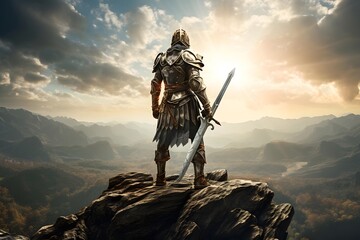 Knight in armor on the top of a mountain. 3d render - obrazy, fototapety, plakaty