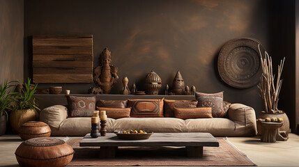 Home interior with ethnic boho decoration living room in brown warm color mockup wall. ai generative