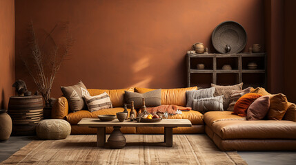 Home interior with ethnic boho decoration living room in brown warm color mockup wall. ai generative