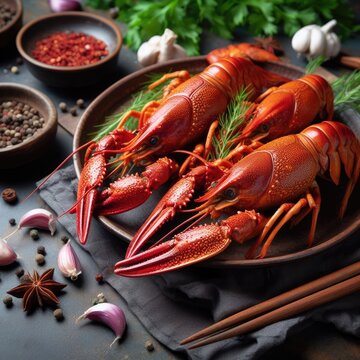 Boiled crayfish in a plate