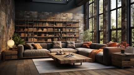 beautiful living room with big window and book
