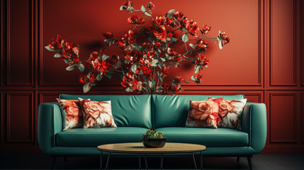Home interior with red sofa, table and decor in green living room. ai generative