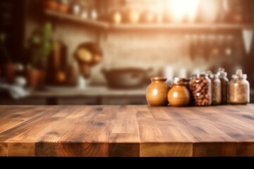 Obraz na płótnie Canvas Background of kitchen table. Empty wooden board with blurred kitchen room interior for displaying food products. Generative AI